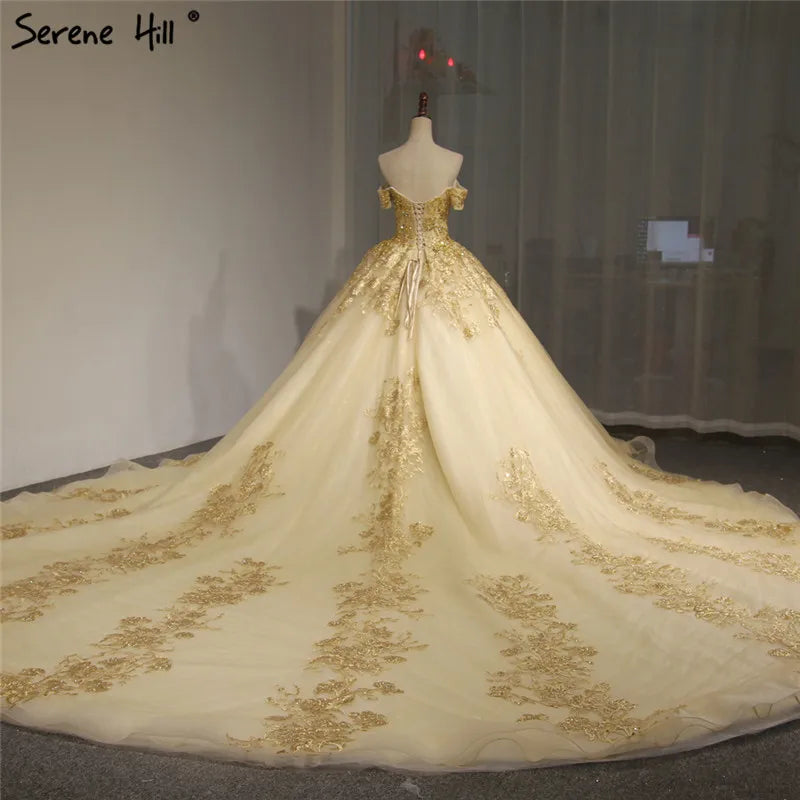 Dubai High-end Short Sleeves Luxury Wedding Dress Vintage Sexy Off Shoulder Gold Beading Sequined Wedding Bride Gown 2024