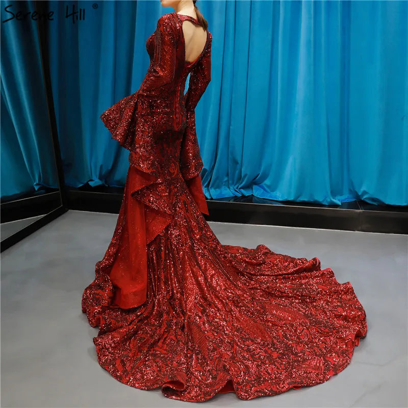 Dubai Design Wine Red Luxury Evening Dresses 2024 Sequined Long Sleeve Sparkle Fashion Bride Toasting Gowns HM66740