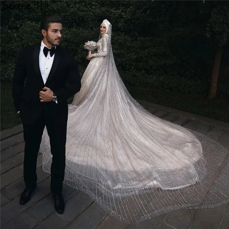 Muslim Sequined Sparkle Luxury High-end Wedding Dresses 2024 Ivory Long Sleeve Vintage Bridal Gown HA2214 Custom Made