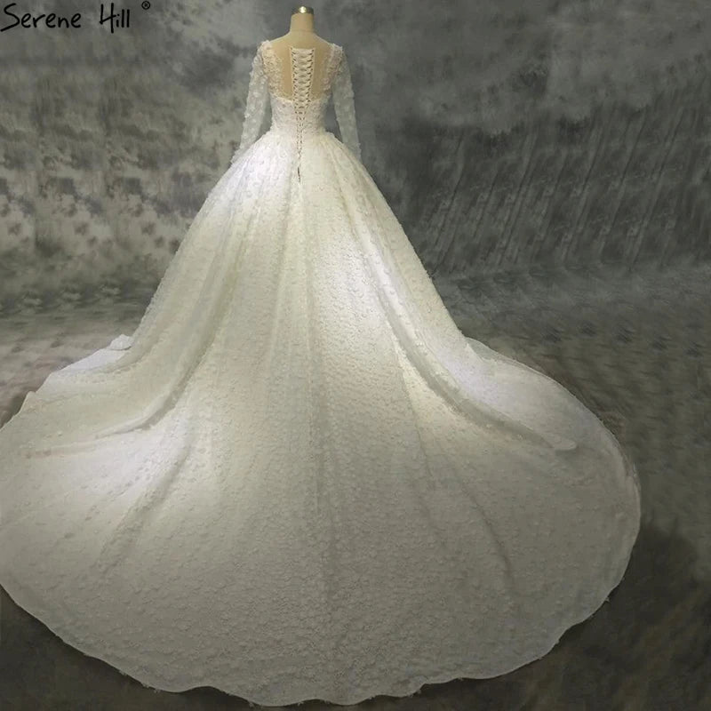Dubai New White Luxury Big Trian Wedding Dress 2024 Long Sleeves Handmade Flowers High-eng Fashion Bridal Gown HA2164