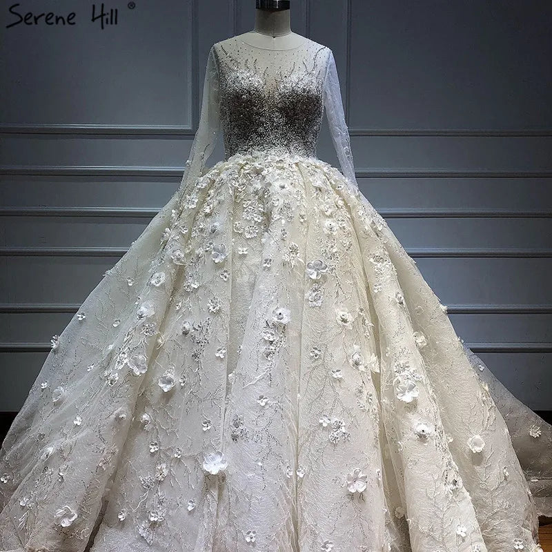 Extreme Luxury Ivory Long Sleeves Wedding Dresses 2024 High-end Handmade Flowers Sequined Bridal Gown HA2213 Custom Made