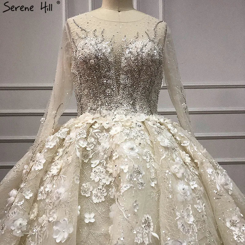 Extreme Luxury Ivory Long Sleeves Wedding Dresses 2024 High-end Handmade Flowers Sequined Bridal Gown HA2213 Custom Made
