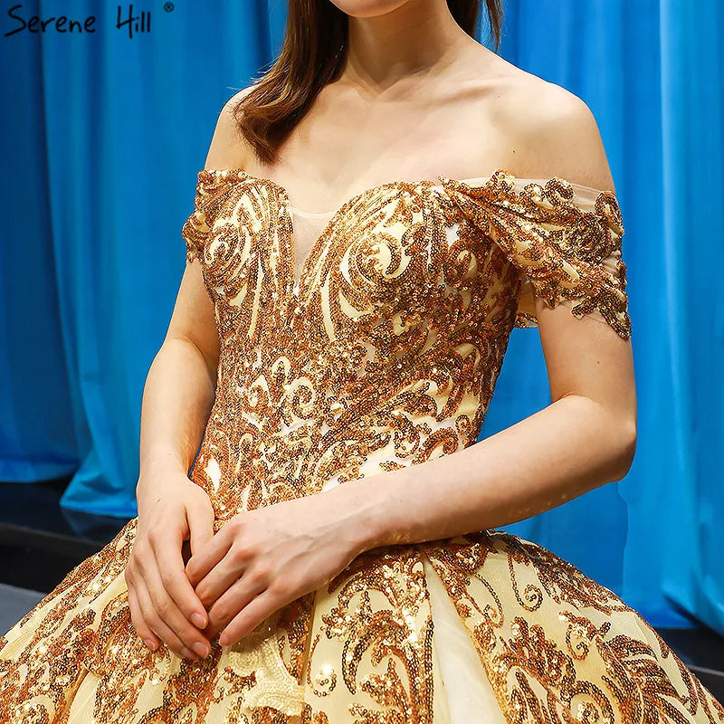 Dubai Luxury Sleeveless Gold Princess Wedding Dress 2024 Off Shoulder Sequine High-end Sexy Bridal Gowns HM66709