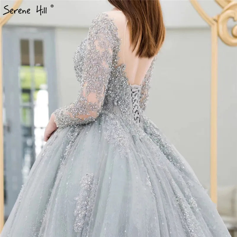 Grey Long Sleeves Luxury Sexy Wedding Dress With Beading Sequined Beading High-end Vintage Bridal Gowns 2024