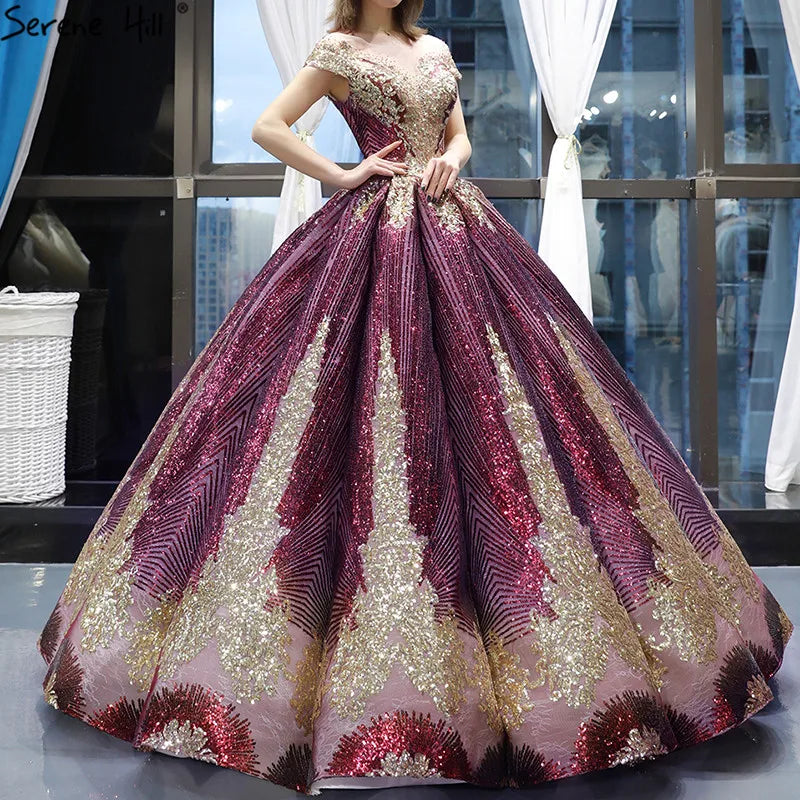 Purple Red Sleeveless Sparkly Luxury Wedding Dress 2024 Sequined High-end Sexy Bridal Gowns HM66754 Custom Made