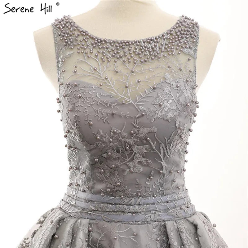 Grey Sexy Fashion Asymmetrical Tulle Evening Dresses 2024 Embroidery Pearls Sleeveless Formal Evening Gowns Serene Hill HM66595
