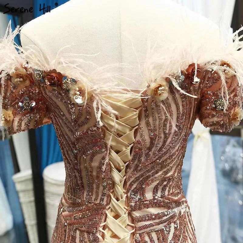 Dubai Late Gold Short Sleeves Wedding Dresses 2024 Luxury Sequined Feathers Bridal Gowns Real Photo HM66749 Custom Made