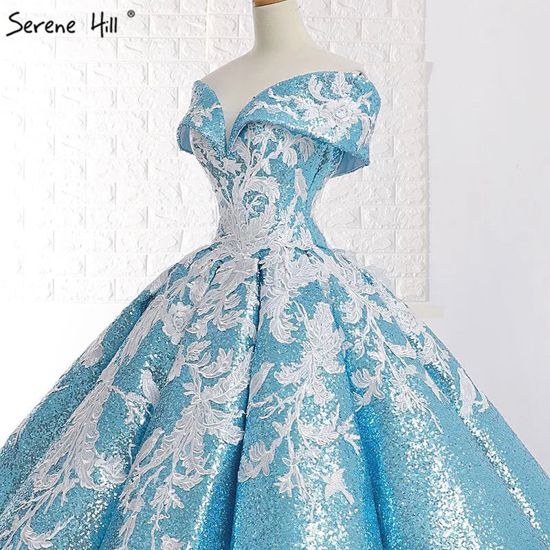 Handmade Flowers Sequined Sparkle Luxury Wedding Dress 2023 Sky Blue Off Shoulder Sexy Fashion Bridal Gown Real Photo 66667