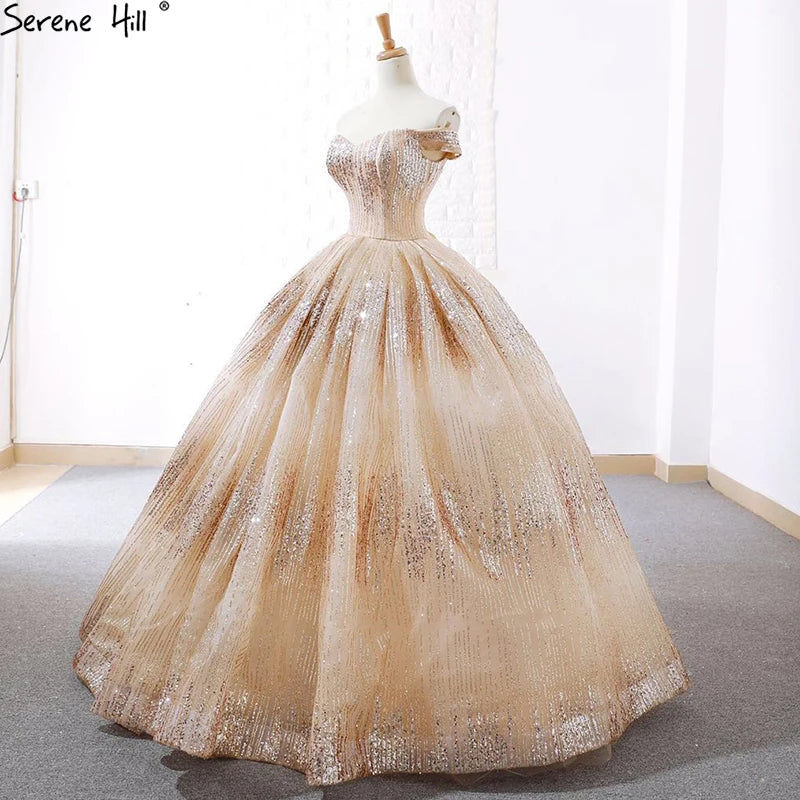 Champagne Vintage Luxury Sparkle Bridal Wedding Dress 2024 Off Shoulder Sexy Fashion Lace Up Wedding Gown Real Photo 66659