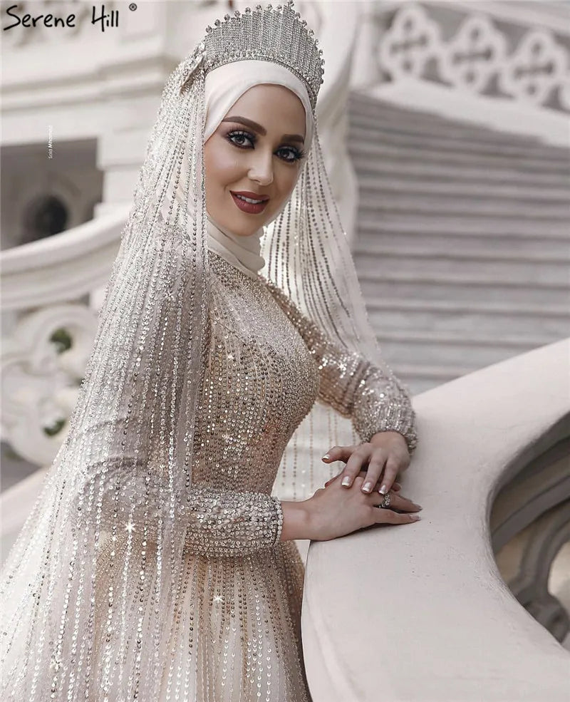 Muslim Sequined Sparkle Luxury High-end Wedding Dresses 2024 Ivory Long Sleeve Vintage Bridal Gown HA2214 Custom Made