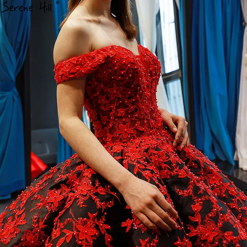 Black Red Off Shoulder Sexy Wedding Dress 2024 Vintage High-end Flowers Pearls Bridal Gowns Real Photo HM66842 Custom Made