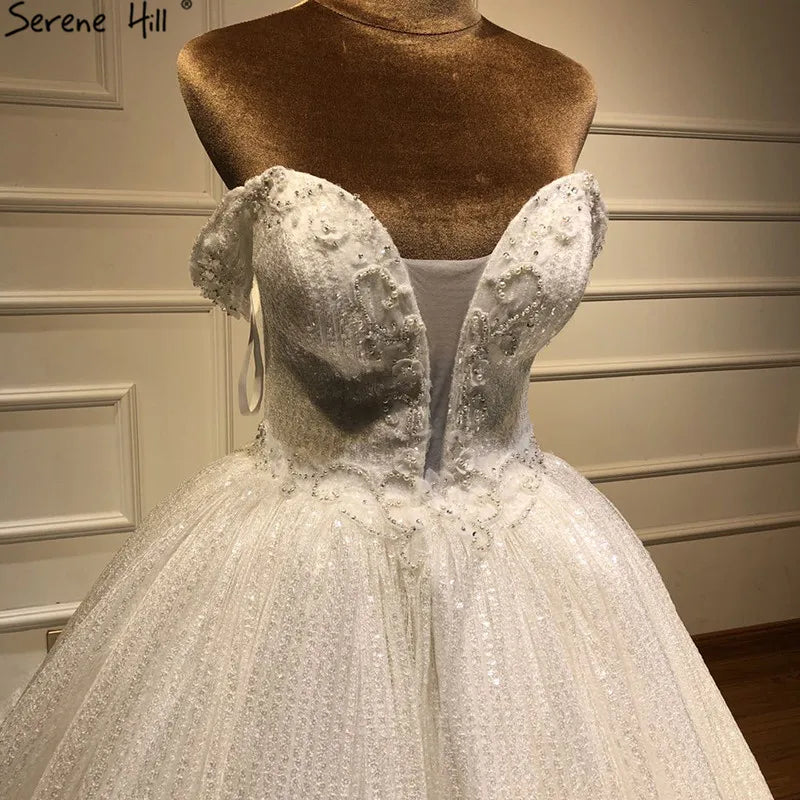 Dubai Design White Luxury Vintage Wedding Dresses 2024 Off Shoulder Handmade Flowers Bridal Gown Real Photo HA2195