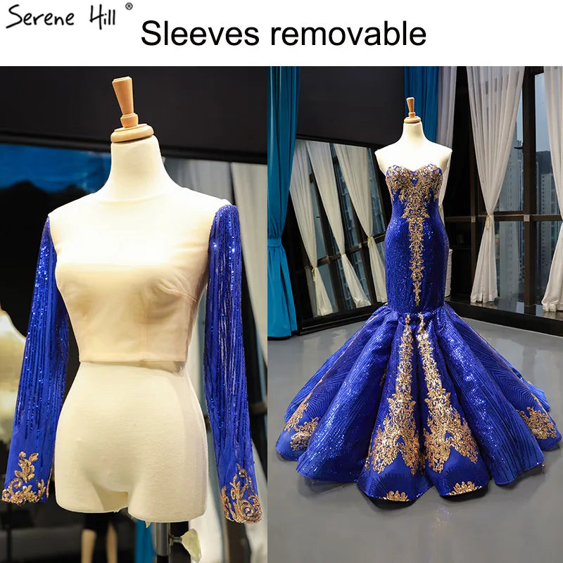 Dubai Blue Sequined Sexy Wedding Dresses 2024 Removable Long Sleeves Luxury Bridal Gowns Real Photo HM66787 Custom Made