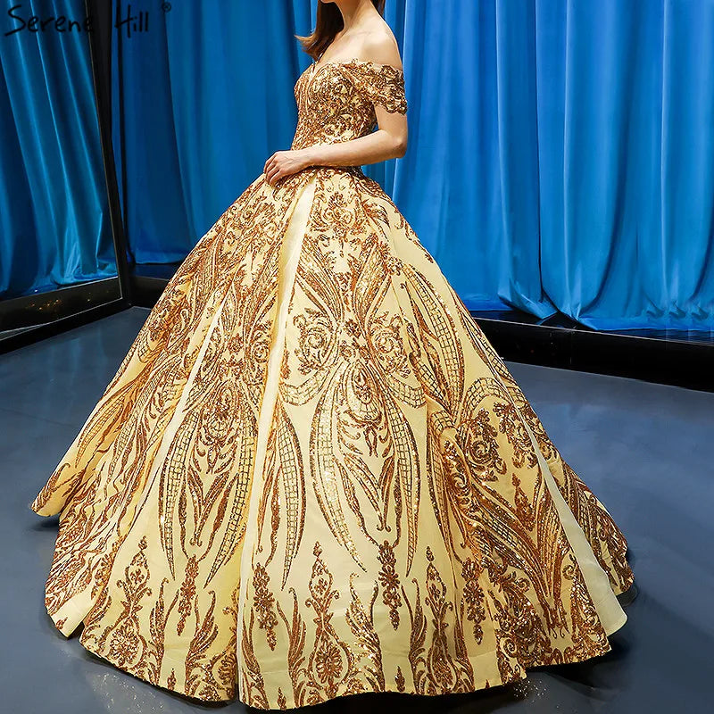 Dubai Luxury Sleeveless Gold Princess Wedding Dress 2024 Off Shoulder Sequine High-end Sexy Bridal Gowns HM66709