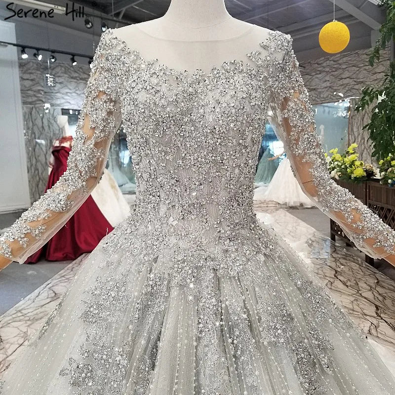 Grey Long Sleeves Luxury Sexy Wedding Dress With Beading Sequined Beading High-end Vintage Bridal Gowns 2024