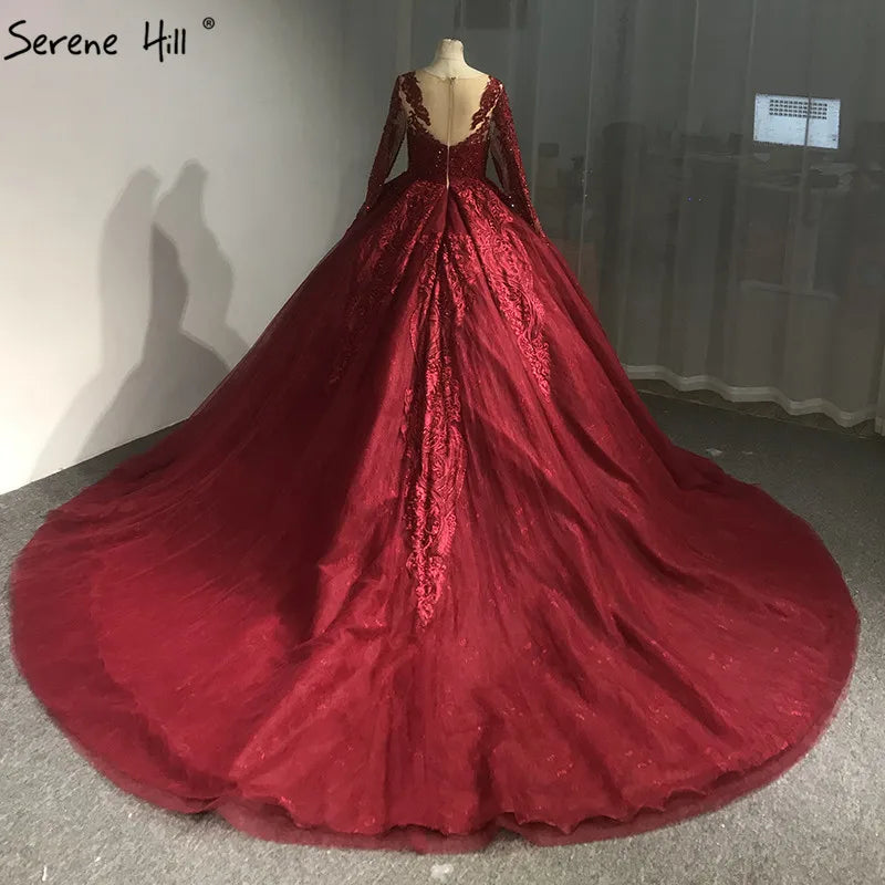 Wine Red High-end Luxury Vintage Wedding Dress 2024 Appliques Crystal Long Sleeves Sexy Bridal Gown Vestido de Novia