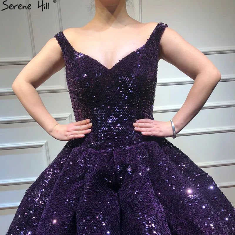 Blue Luxury Dubai Design V-Neck Wedding Dresses 2024 Sequin Sparkle Sleeveless High-end Wedding Gown Real Photo
