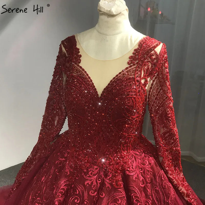 Wine Red High-end Luxury Vintage Wedding Dress 2024 Appliques Crystal Long Sleeves Sexy Bridal Gown Vestido de Novia