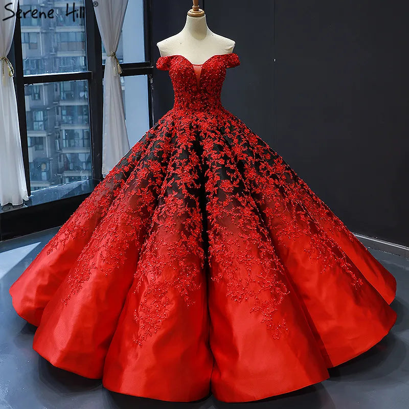 Black Red Off Shoulder Sexy Wedding Dress 2024 Vintage High-end Flowers Pearls Bridal Gowns Real Photo HM66842 Custom Made