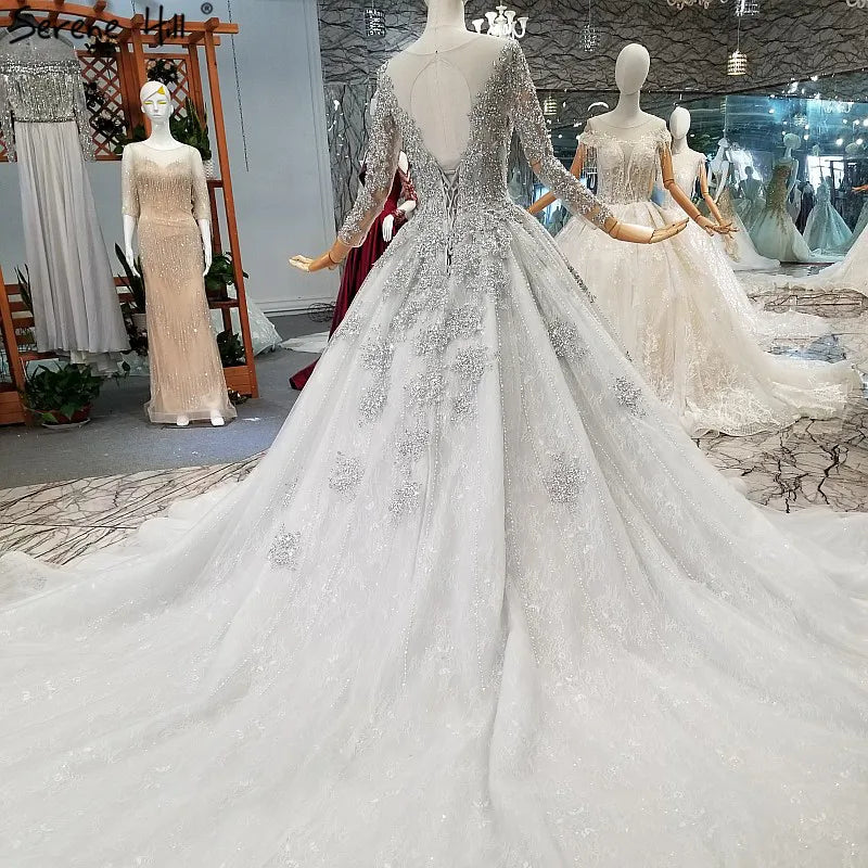 Grey Long Sleeves Luxury Sexy Wedding Dress With Beading Sequined Beading High-end Vintage Bridal Gowns 2024
