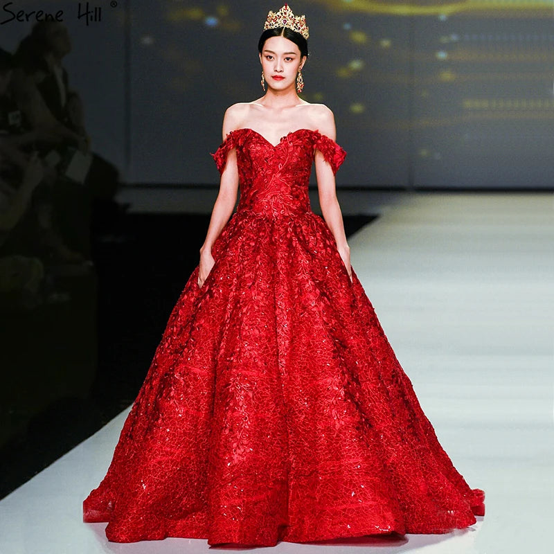 Dubai Designer Red Strapless Sexy Wedding Dresses Fashion Vintage Appliques Sequined New Bride Gowns 2024 Serene Hill HM66601