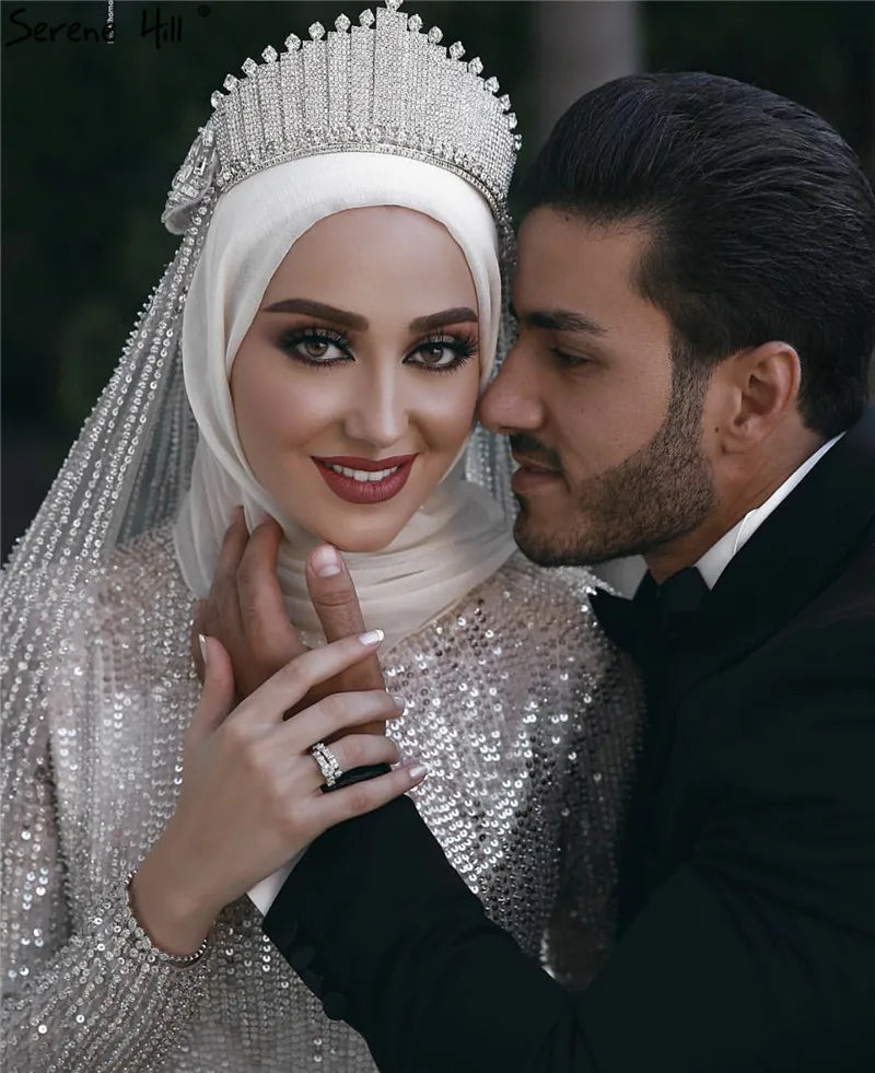 Muslim Sequined Sparkle Luxury High-end Wedding Dresses 2024 Ivory Long Sleeve Vintage Bridal Gown HA2214 Custom Made