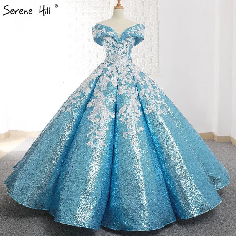 Handmade Flowers Sequined Sparkle Luxury Wedding Dress 2023 Sky Blue Off Shoulder Sexy Fashion Bridal Gown Real Photo 66667