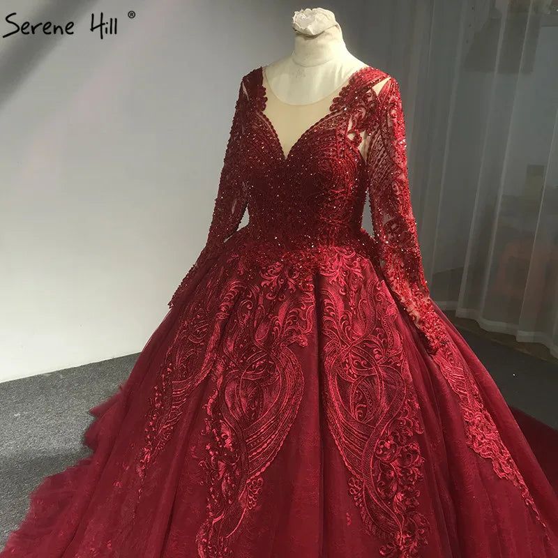 Wine Red High-end Luxury Vintage Wedding Dress 2024 Appliques Crystal Long Sleeves Sexy Bridal Gown Vestido de Novia