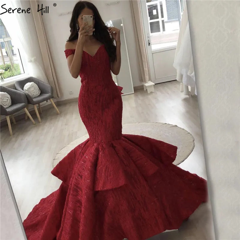 Red Newest Off Shoulder Sexy Wedding Dresses 2024 Appliques Ruffles Fashion Sexy Mermiad Bridal Gown Real Photo HM66614
