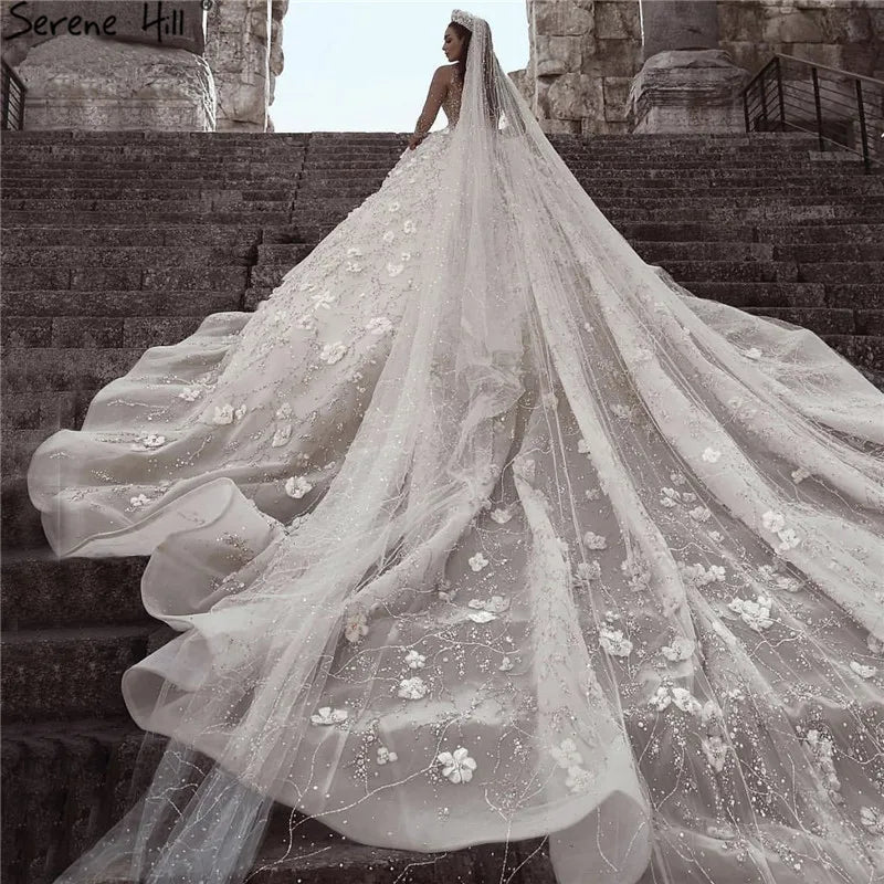 Extreme Luxury Ivory Long Sleeves Wedding Dresses 2024 High-end Handmade Flowers Sequined Bridal Gown HA2213 Custom Made