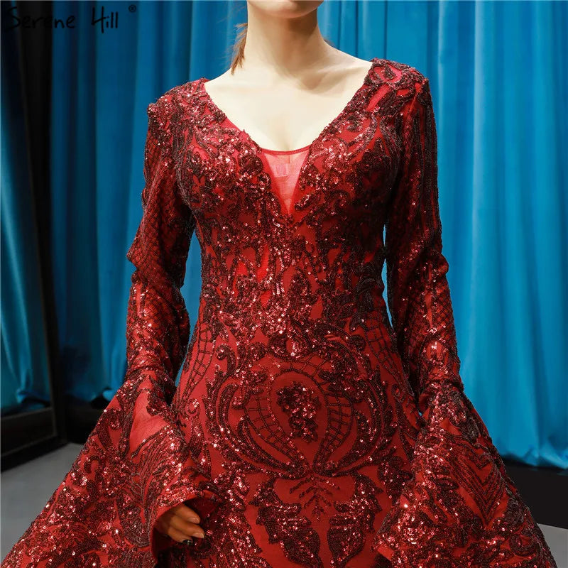Dubai Design Wine Red Luxury Evening Dresses 2024 Sequined Long Sleeve Sparkle Fashion Bride Toasting Gowns HM66740