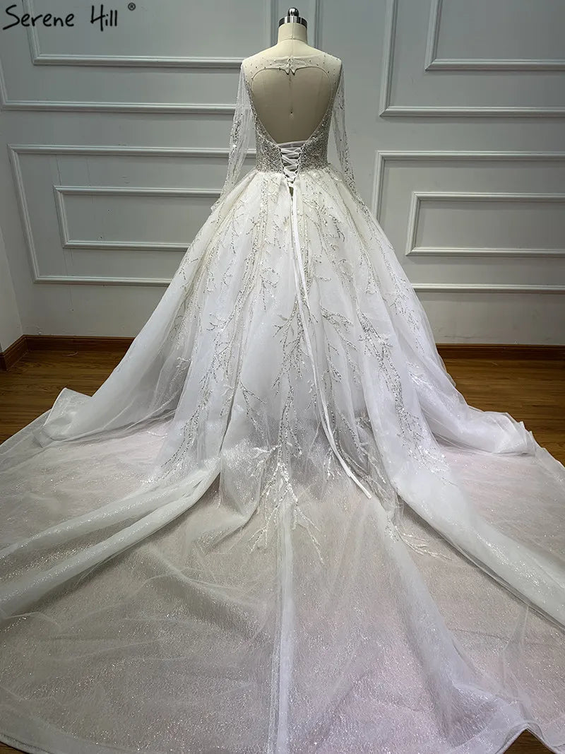 Latest White Luxury Vintage O-Neck Wedding Dresses 2024 Long Sleeves Backless Sequined Bride Gowns Real Photo HA2225 Custom Made