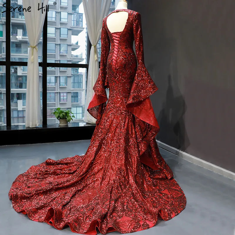 Dubai Design Wine Red Luxury Evening Dresses 2024 Sequined Long Sleeve Sparkle Fashion Bride Toasting Gowns HM66740