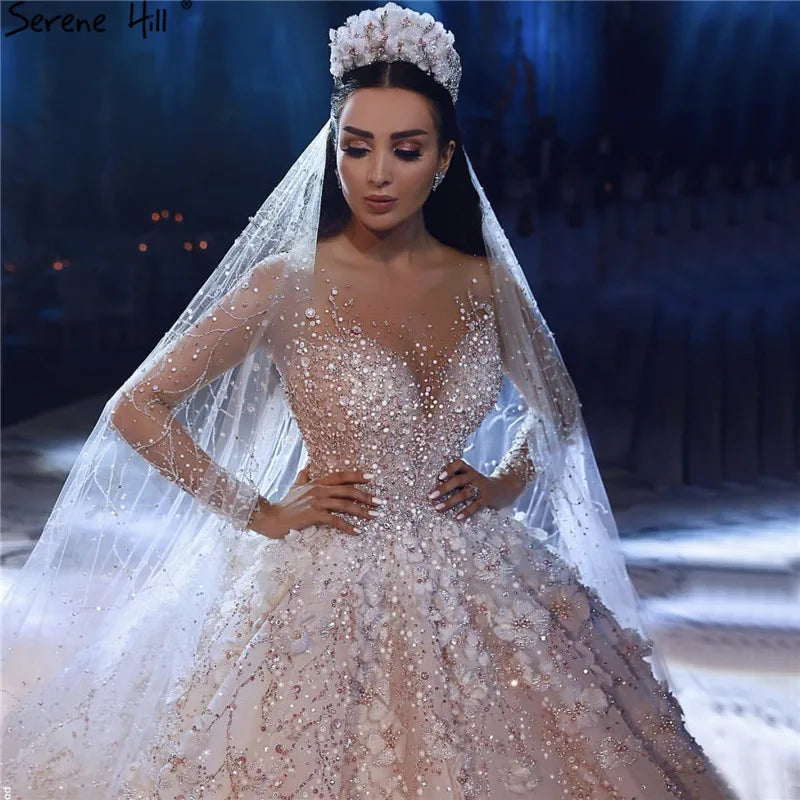 Extreme Luxury Ivory Long Sleeves Wedding Dresses 2024 High-end Handmade Flowers Sequined Bridal Gown HA2213 Custom Made