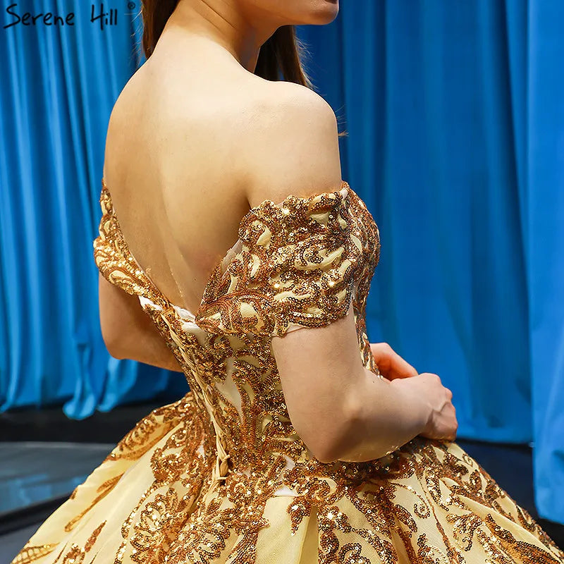 Dubai Luxury Sleeveless Gold Princess Wedding Dress 2024 Off Shoulder Sequine High-end Sexy Bridal Gowns HM66709