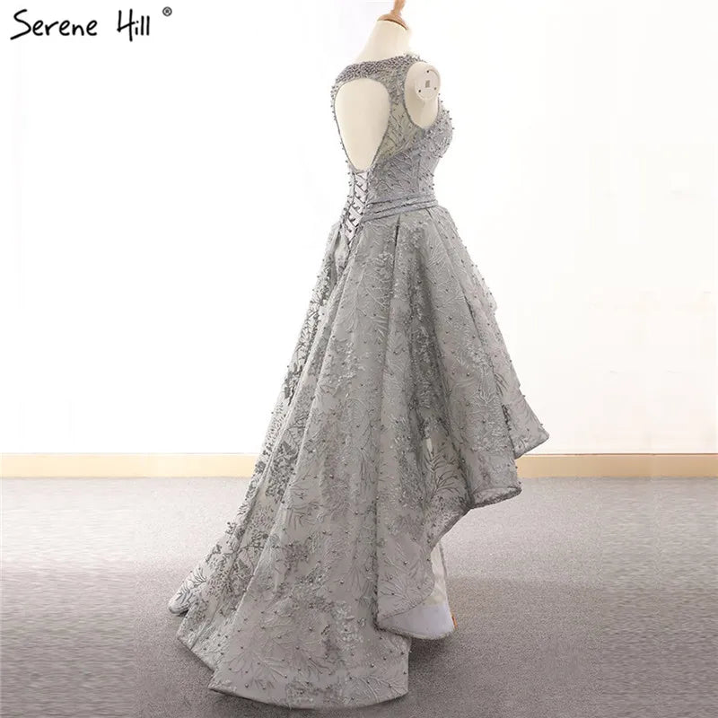 Grey Sexy Fashion Asymmetrical Tulle Evening Dresses 2024 Embroidery Pearls Sleeveless Formal Evening Gowns Serene Hill HM66595