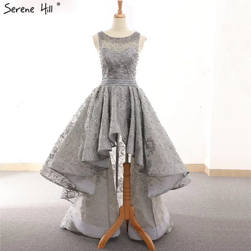 Grey Sexy Fashion Asymmetrical Tulle Evening Dresses 2024 Embroidery Pearls Sleeveless Formal Evening Gowns Serene Hill HM66595