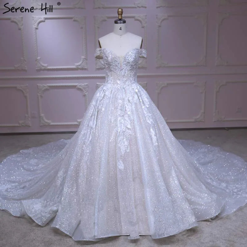 Dubai High-end Glitter Handmade Flowers Wedding Dress 2024 Off Shoulder Fashion Luxury Sexy Bridal Gown Real Picture HA2168