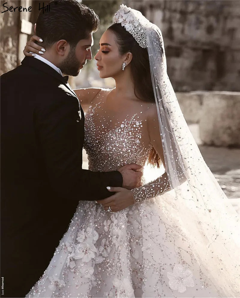 Extreme Luxury Ivory Long Sleeves Wedding Dresses 2024 High-end Handmade Flowers Sequined Bridal Gown HA2213 Custom Made