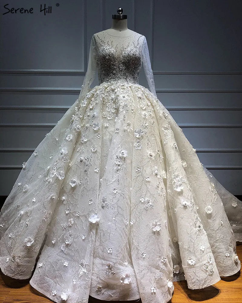 Extreme Luxury Ivory Long Sleeves Wedding Dresses 2024 High-end Handmade Flowers Sequined Bridal Gown HA2213 Custom Made