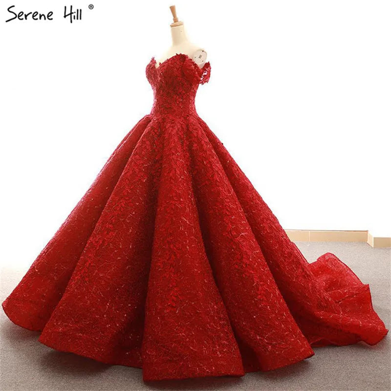 Dubai Designer Red Strapless Sexy Wedding Dresses Fashion Vintage Appliques Sequined New Bride Gowns 2024 Serene Hill HM66601