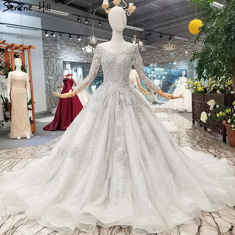 Grey Long Sleeves Luxury Sexy Wedding Dress With Beading Sequined Beading High-end Vintage Bridal Gowns 2024