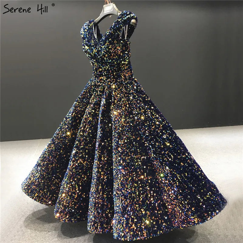 Indigo Blue Gold V-Neck Luxury Evening Dresses 2024 Sleeveless Sequined Sexy Ankle-Length Formal Gowns Serene Hill HA2154