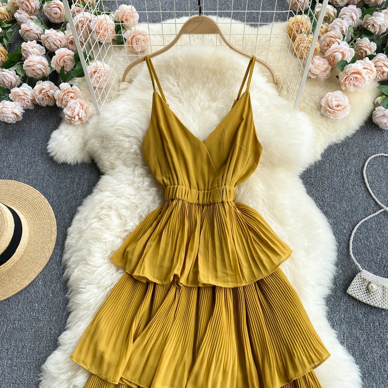 Women Beach Midi Dress 2021 New Summer Sexy V-neck Pleat Layer Ruffled Beach Dresses Ladies Elegant A Line Long Robe Vestido