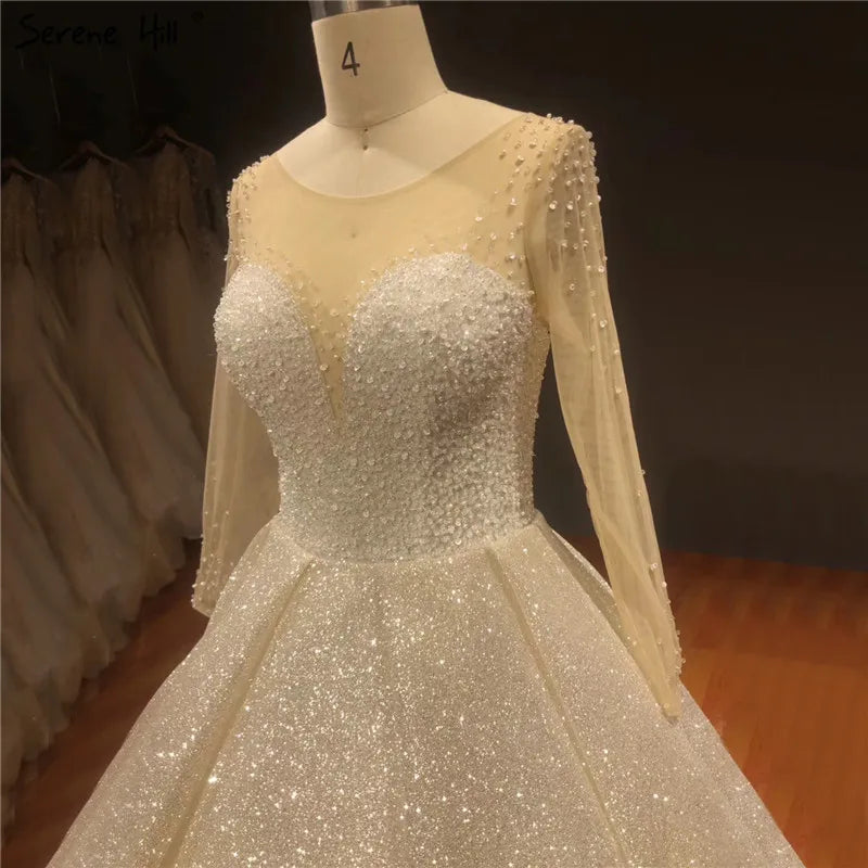 Dubai Champagne Sequined Sparkle Wedding Dresses 2024 Long Sleeve Vintage Princess Bridal Gowns HA2261 Custom Made