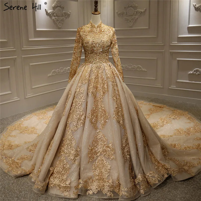 Gold Extreme Luxury Long Sleeves Wedding Dresses 2024 Handmade Flowers Sequined Vintage Bridal Gown HA2184 Custom Made