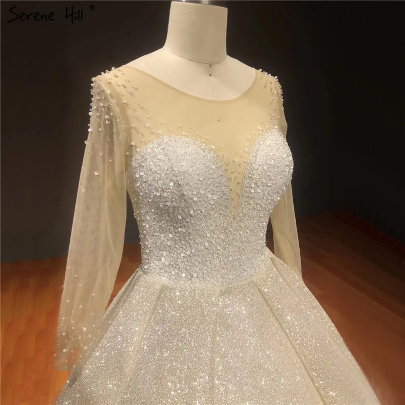 Dubai Champagne Sequined Sparkle Wedding Dresses 2024 Long Sleeve Vintage Princess Bridal Gowns HA2261 Custom Made