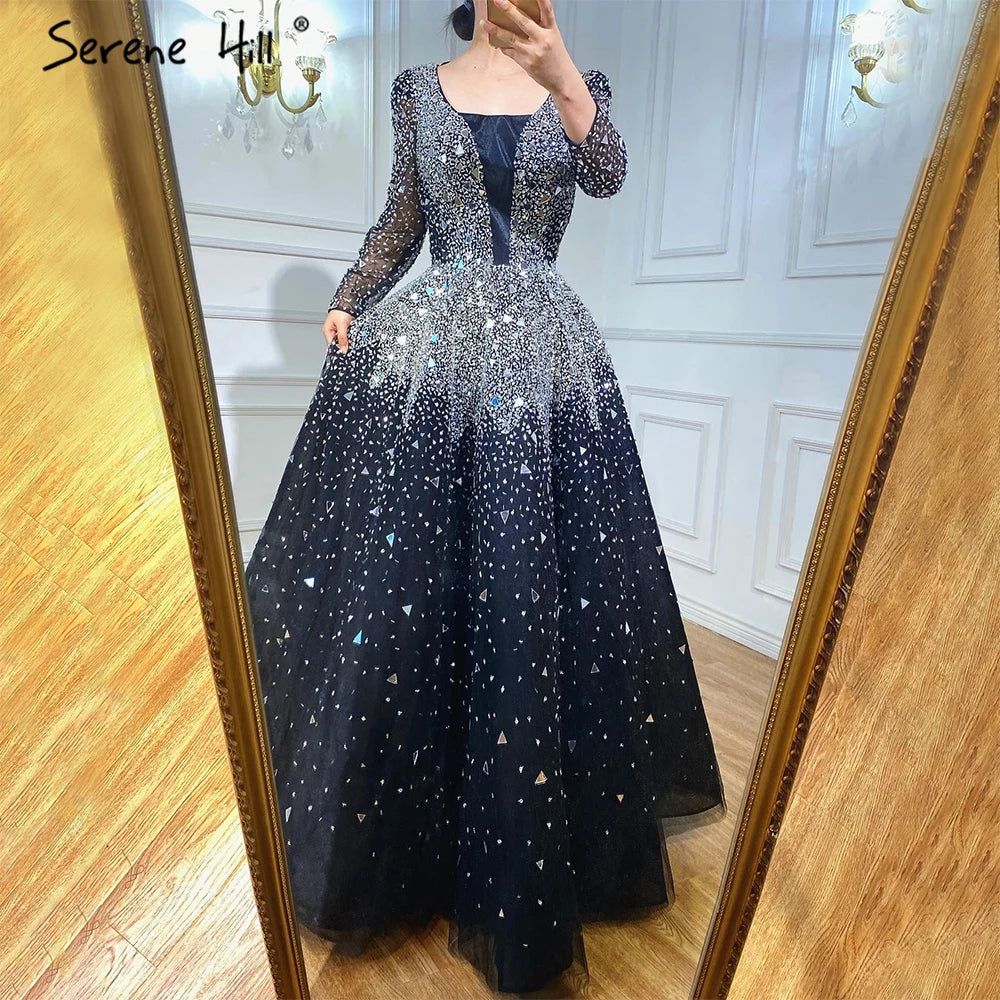 Serene Hill Muslim Black A-Line Evening Dresses Gowns 2024 Sequined Beaded Luxury For Woman Wedding Party LA71214