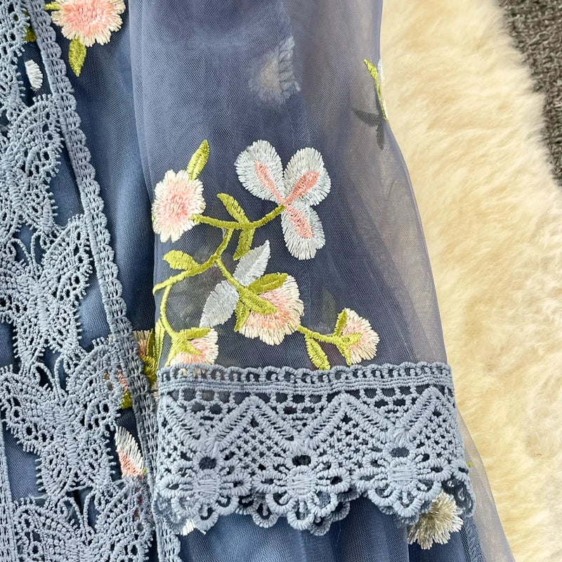 New Fashion Autumn Women O Neck Long Sleeve Mesh Embroidery Hook Flower Slim A-line Dress Elegant Female Party Clothes Vestidos