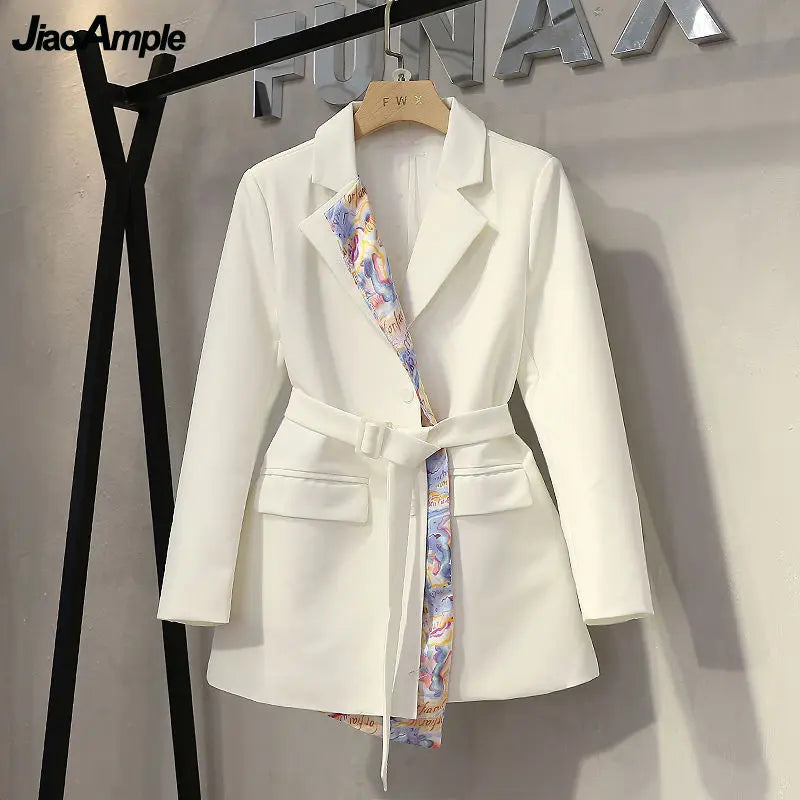 Spring Autumn Women's Long Suit Coats 2021 Office Lady New Graceful Ribbon White Cardigan Whit Waist Fashion Outerwear Female